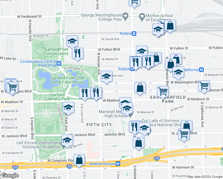 map of restaurants, bars, coffee shops, grocery stores, and more near 3321 West Warren Boulevard in Chicago