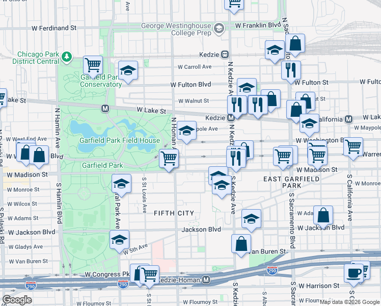 map of restaurants, bars, coffee shops, grocery stores, and more near 3321 West Warren Boulevard in Chicago
