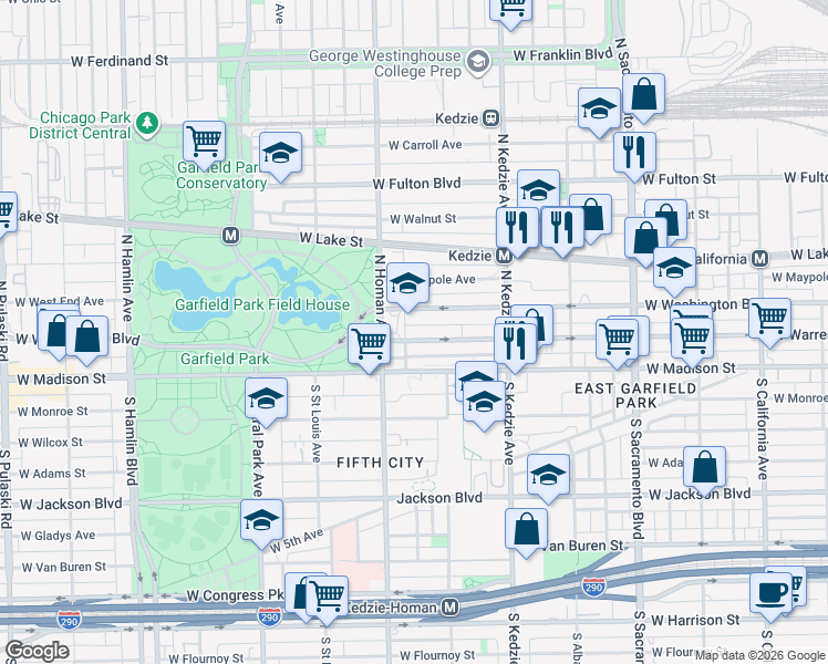 map of restaurants, bars, coffee shops, grocery stores, and more near 3321 West Warren Boulevard in Chicago