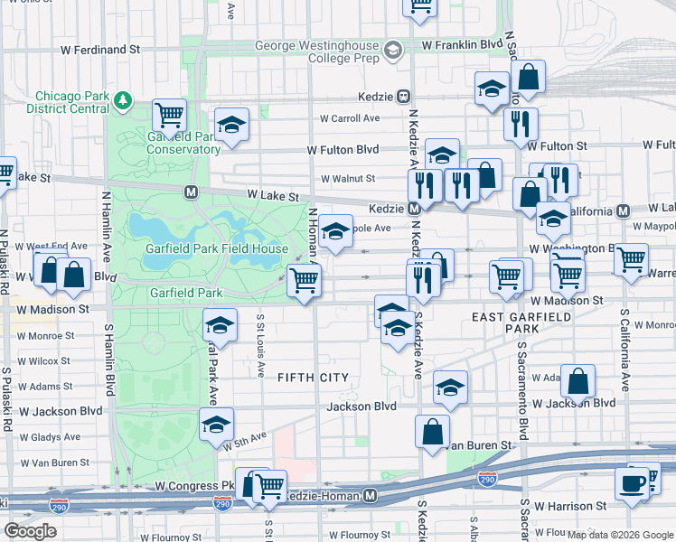 map of restaurants, bars, coffee shops, grocery stores, and more near 3321 West Warren Boulevard in Chicago
