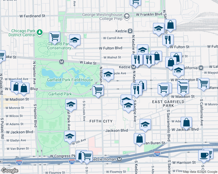 map of restaurants, bars, coffee shops, grocery stores, and more near 3321 West Warren Boulevard in Chicago