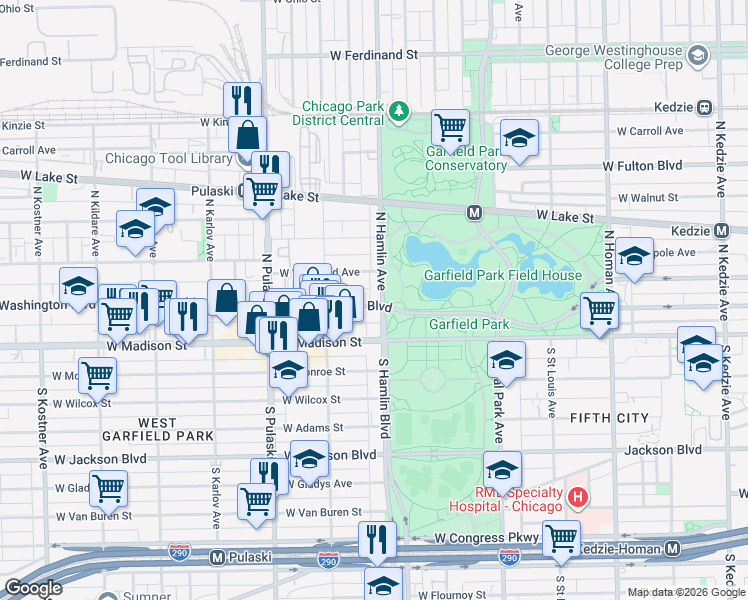 map of restaurants, bars, coffee shops, grocery stores, and more near 3813 West Washington Boulevard in Chicago