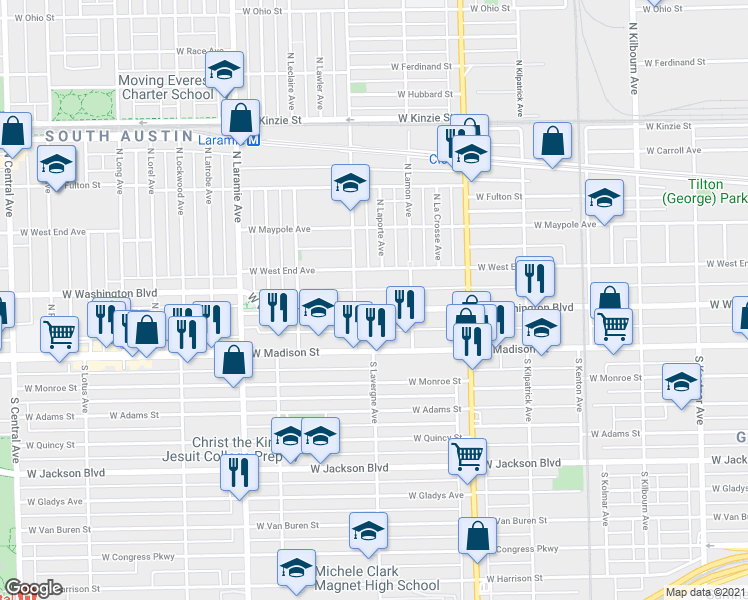 map of restaurants, bars, coffee shops, grocery stores, and more near 4955 West Washington Boulevard in Chicago