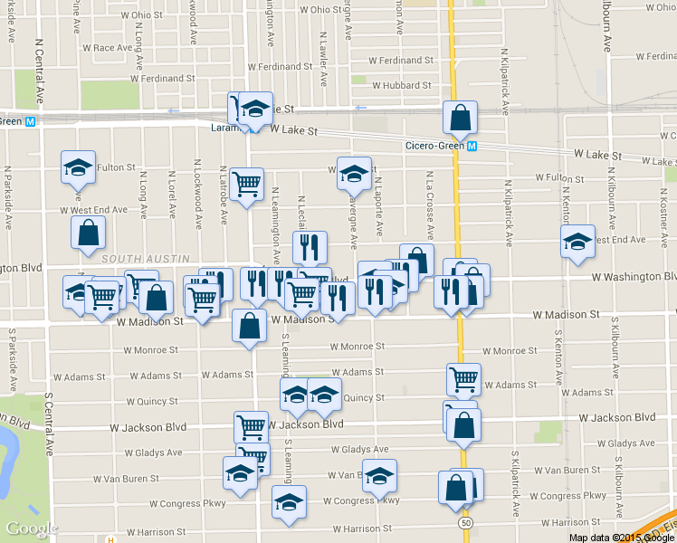 map of restaurants, bars, coffee shops, grocery stores, and more near 5033 West Washington Boulevard in Chicago