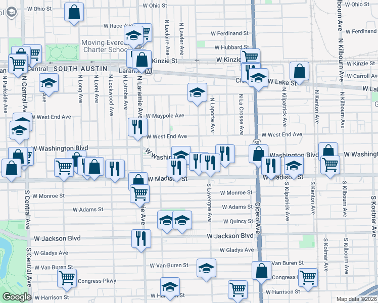 map of restaurants, bars, coffee shops, grocery stores, and more near 5033 West Washington Boulevard in Chicago
