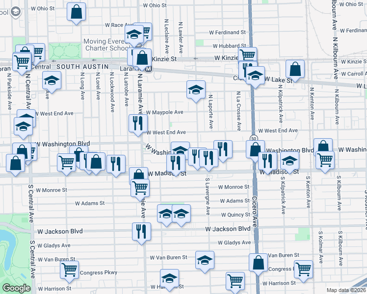 map of restaurants, bars, coffee shops, grocery stores, and more near 5033 West Washington Boulevard in Chicago