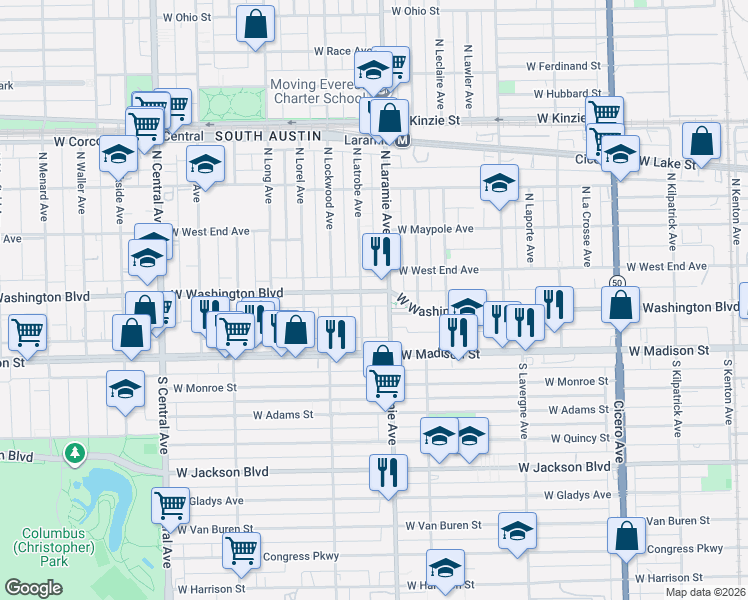 map of restaurants, bars, coffee shops, grocery stores, and more near 35 North Latrobe Avenue in Chicago