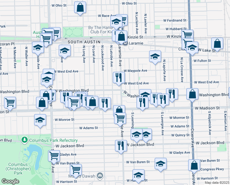 map of restaurants, bars, coffee shops, grocery stores, and more near 35 North Latrobe Avenue in Chicago