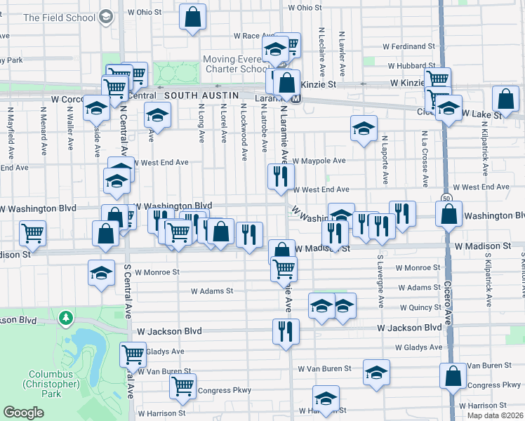 map of restaurants, bars, coffee shops, grocery stores, and more near 35 North Latrobe Avenue in Chicago