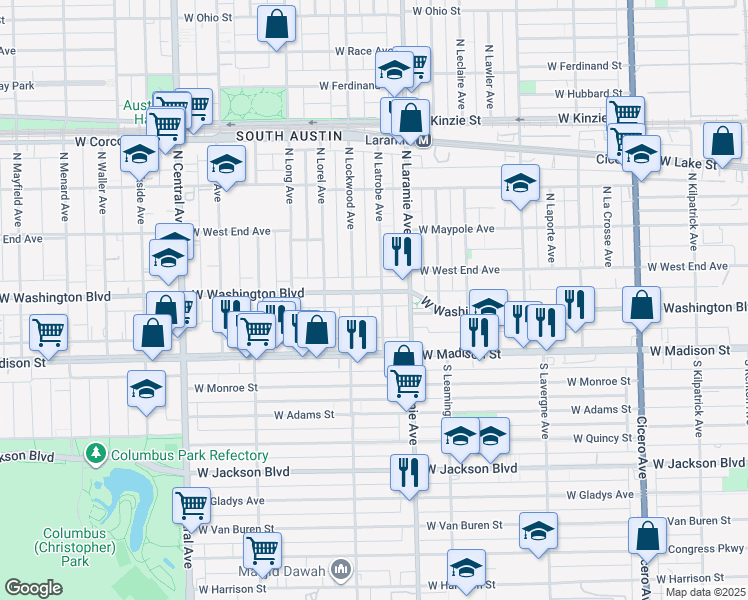 map of restaurants, bars, coffee shops, grocery stores, and more near 35 North Latrobe Avenue in Chicago