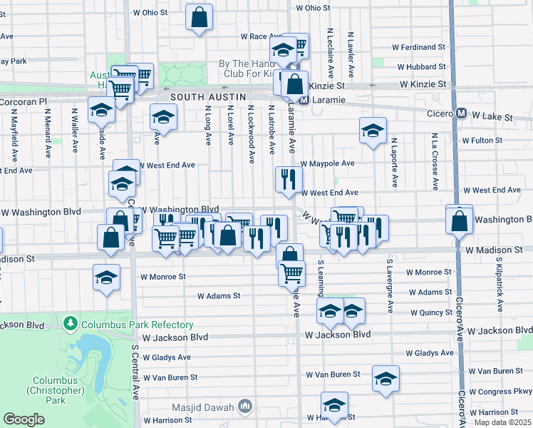 map of restaurants, bars, coffee shops, grocery stores, and more near 52 North Lockwood Avenue in Chicago
