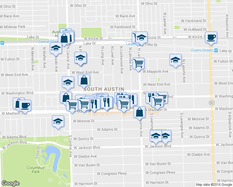 map of restaurants, bars, coffee shops, grocery stores, and more near 38 North Lorel Avenue in Chicago
