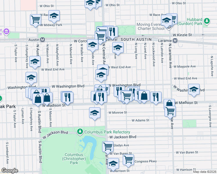 map of restaurants, bars, coffee shops, grocery stores, and more near 50 North Central Avenue in Chicago