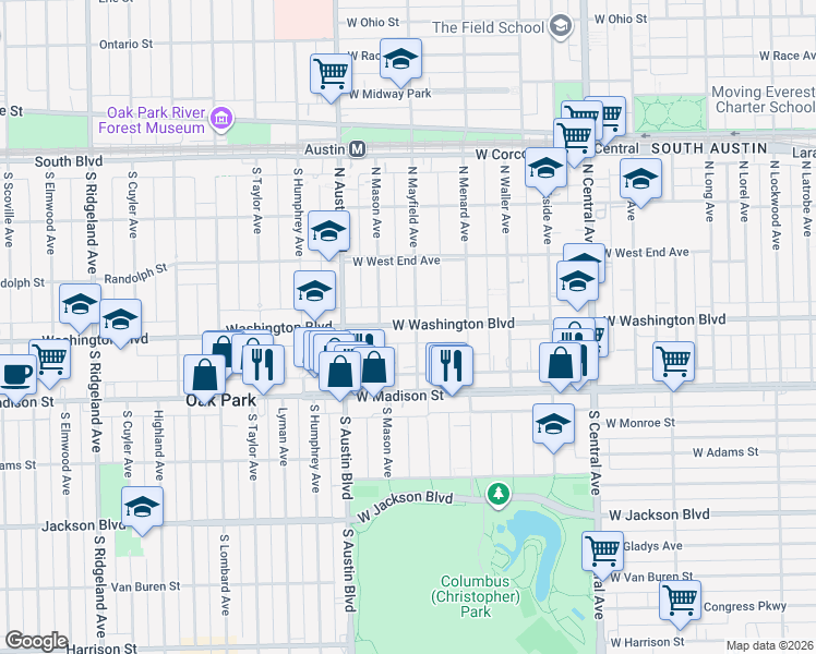 map of restaurants, bars, coffee shops, grocery stores, and more near 44 North Mayfield Avenue in Chicago