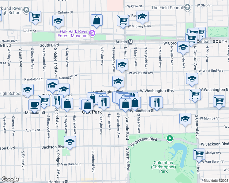 map of restaurants, bars, coffee shops, grocery stores, and more near 47 Washington Boulevard in Oak Park