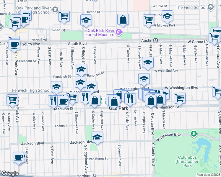 map of restaurants, bars, coffee shops, grocery stores, and more near 209 Washington Boulevard in Oak Park
