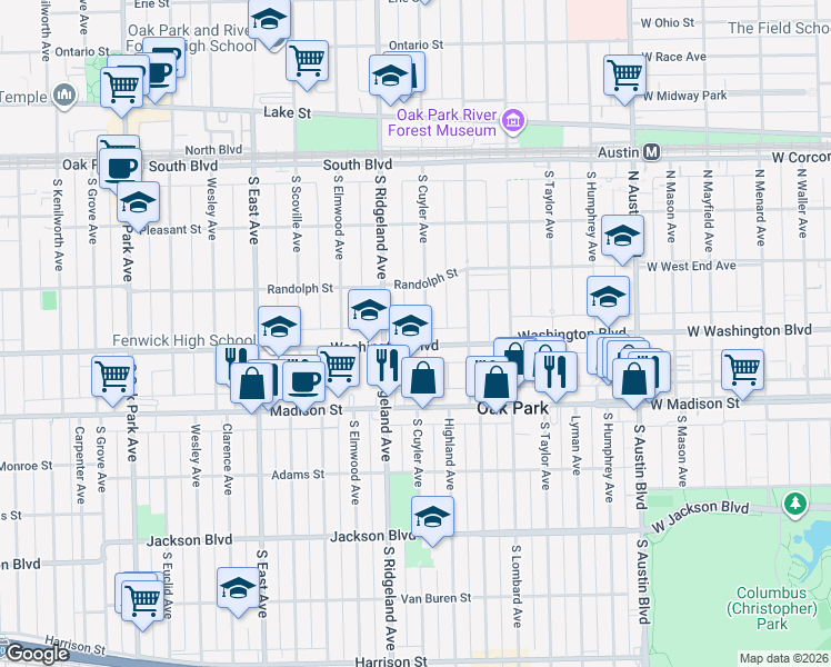 map of restaurants, bars, coffee shops, grocery stores, and more near 402 South Cuyler Avenue in Oak Park