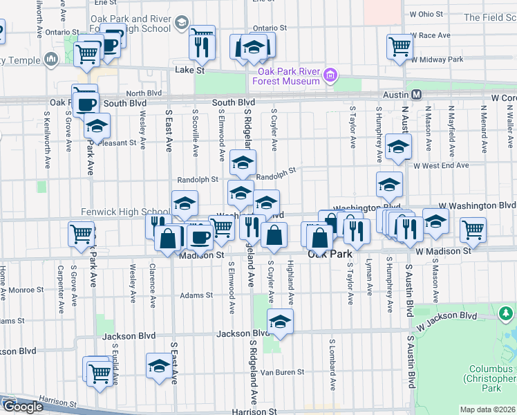 map of restaurants, bars, coffee shops, grocery stores, and more near in Oak Park