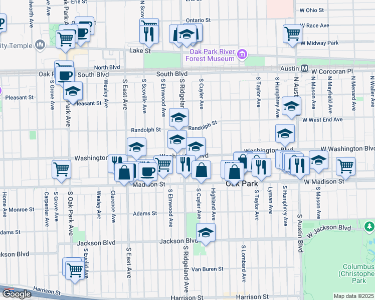 map of restaurants, bars, coffee shops, grocery stores, and more near in Oak Park
