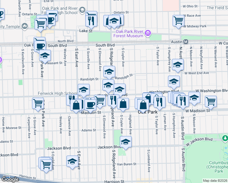 map of restaurants, bars, coffee shops, grocery stores, and more near in Oak Park