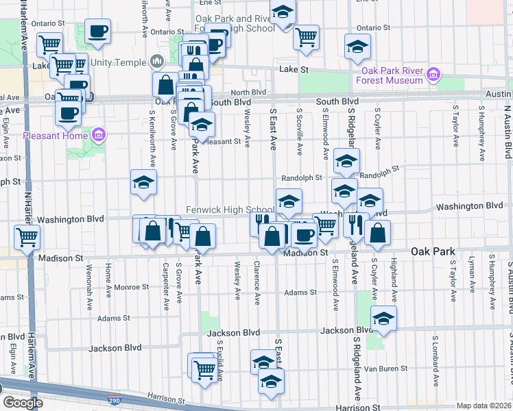 map of restaurants, bars, coffee shops, grocery stores, and more near 615 Washington Boulevard in Oak Park