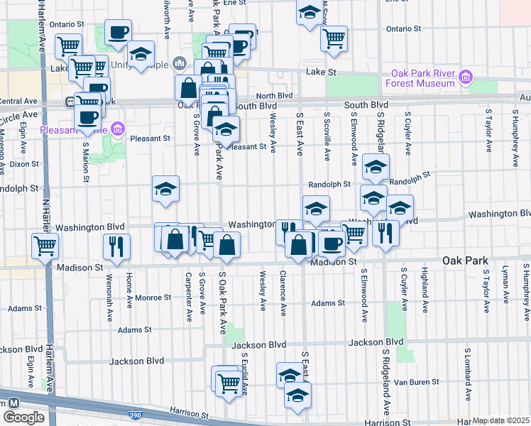 map of restaurants, bars, coffee shops, grocery stores, and more near 651 Washington Boulevard in Oak Park