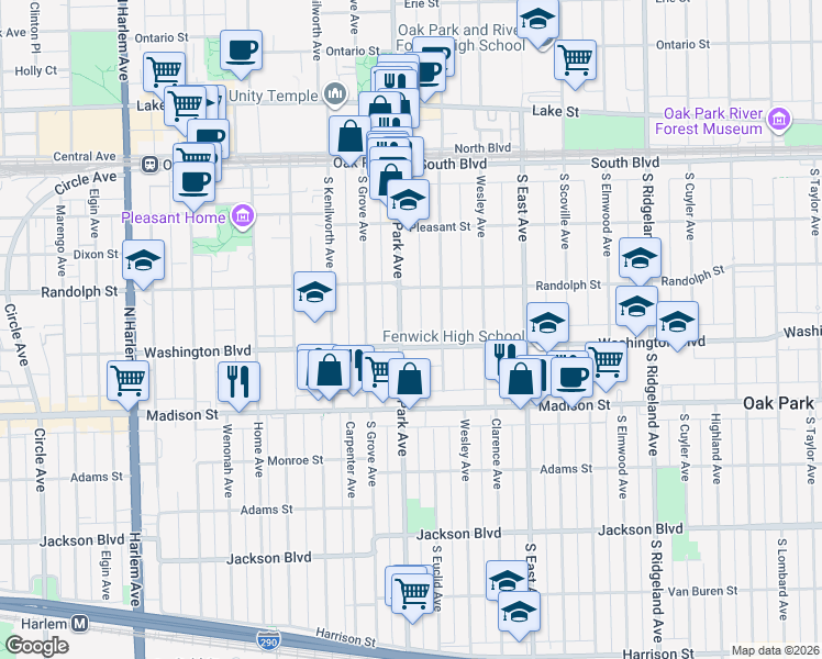 map of restaurants, bars, coffee shops, grocery stores, and more near 715 Washington Boulevard in Oak Park
