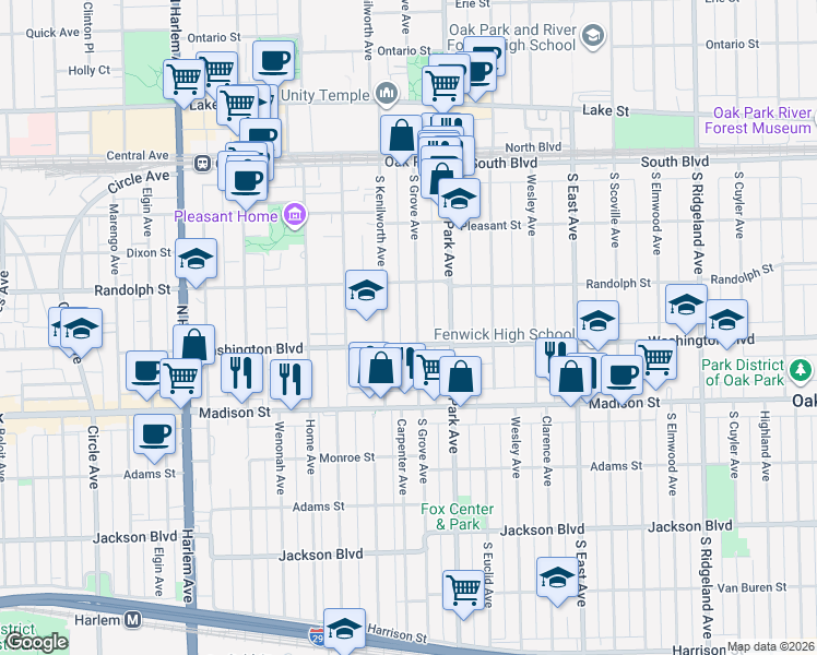 map of restaurants, bars, coffee shops, grocery stores, and more near 853 Washington Boulevard in Oak Park