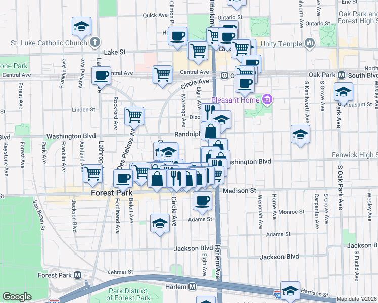 map of restaurants, bars, coffee shops, grocery stores, and more near 244 Marengo Avenue in Forest Park