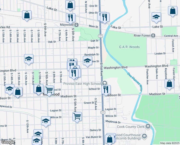 map of restaurants, bars, coffee shops, grocery stores, and more near 700 South 2nd Avenue in Maywood