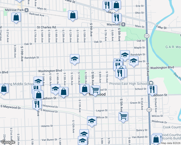 map of restaurants, bars, coffee shops, grocery stores, and more near 700 South 9th Avenue in Maywood