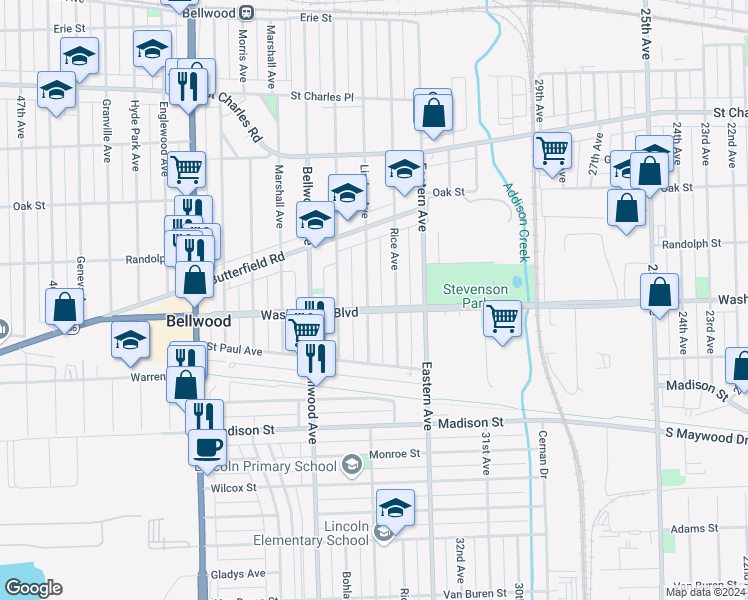 map of restaurants, bars, coffee shops, grocery stores, and more near 608 Linden Avenue in Bellwood