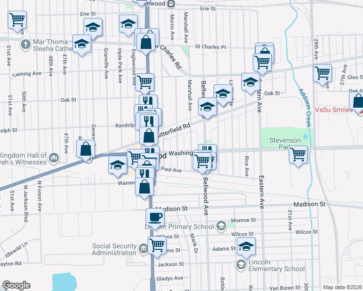 map of restaurants, bars, coffee shops, grocery stores, and more near 3900 Washington Boulevard in Chicago