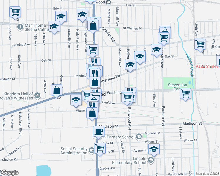 map of restaurants, bars, coffee shops, grocery stores, and more near 3900 Washington Boulevard in Chicago