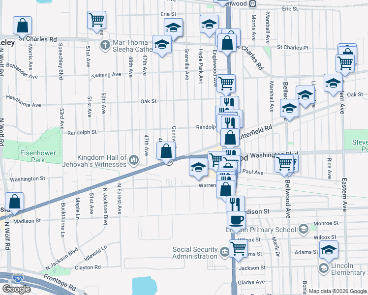 map of restaurants, bars, coffee shops, grocery stores, and more near 543 Geneva Avenue in Bellwood