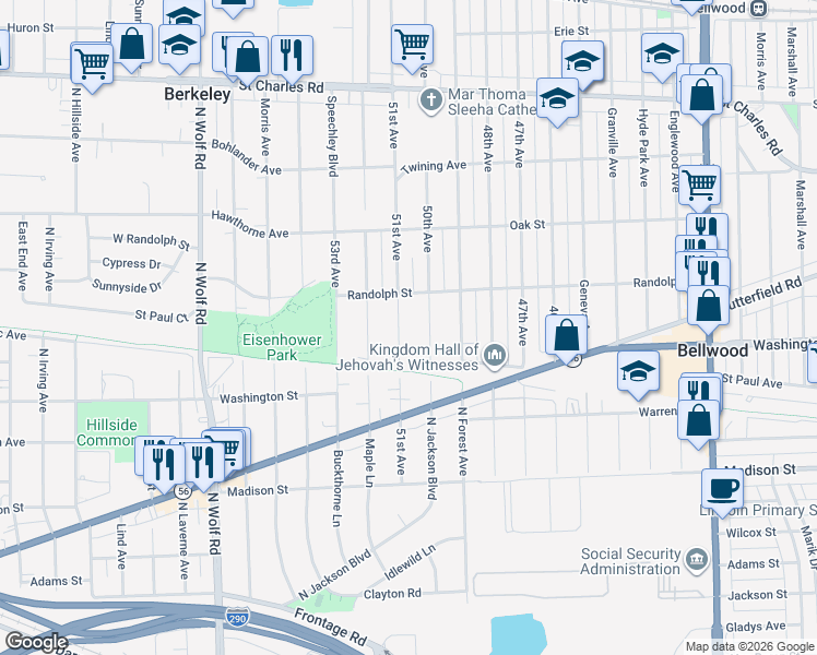 map of restaurants, bars, coffee shops, grocery stores, and more near 542 51st Avenue in Bellwood