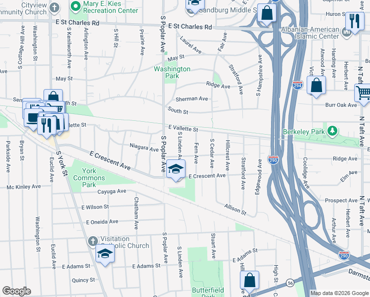 map of restaurants, bars, coffee shops, grocery stores, and more near 334 Niagara Avenue in Elmhurst