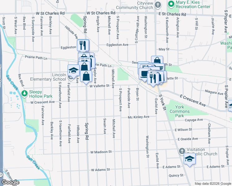 map of restaurants, bars, coffee shops, grocery stores, and more near 594 South Prospect Avenue in Elmhurst