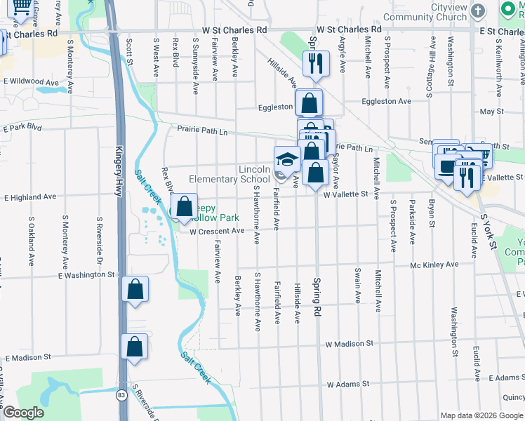 map of restaurants, bars, coffee shops, grocery stores, and more near 614 Fairfield Avenue in Elmhurst