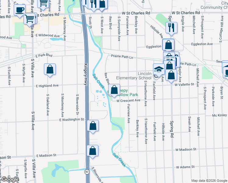 map of restaurants, bars, coffee shops, grocery stores, and more near 608 South Sunnyside Avenue in Elmhurst
