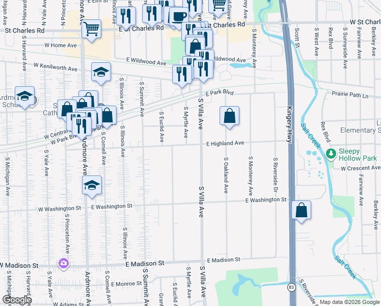 map of restaurants, bars, coffee shops, grocery stores, and more near 435 South Euclid Avenue in Villa Park