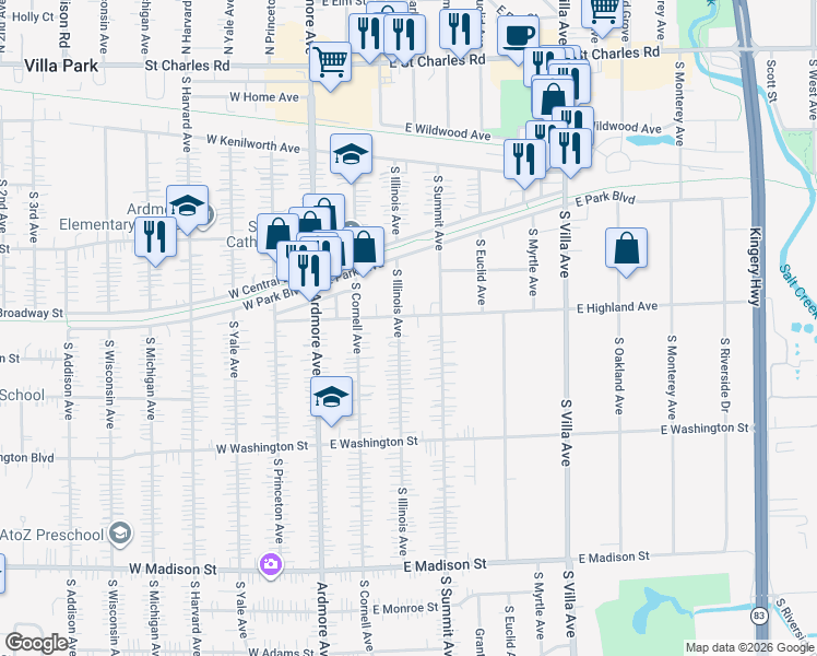map of restaurants, bars, coffee shops, grocery stores, and more near 429 South Illinois Avenue in Villa Park