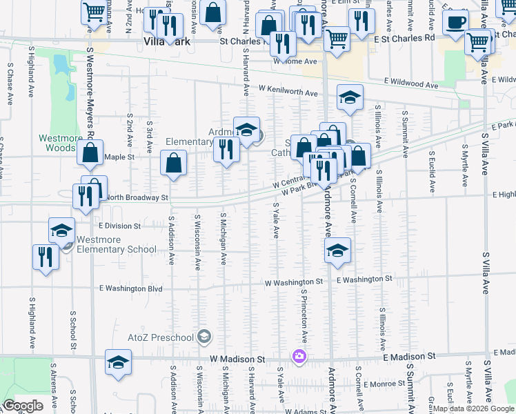 map of restaurants, bars, coffee shops, grocery stores, and more near 422 South Harvard Avenue in Villa Park