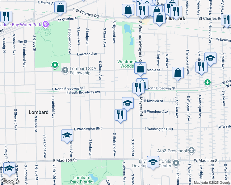 map of restaurants, bars, coffee shops, grocery stores, and more near 314 South Highland Avenue in Lombard