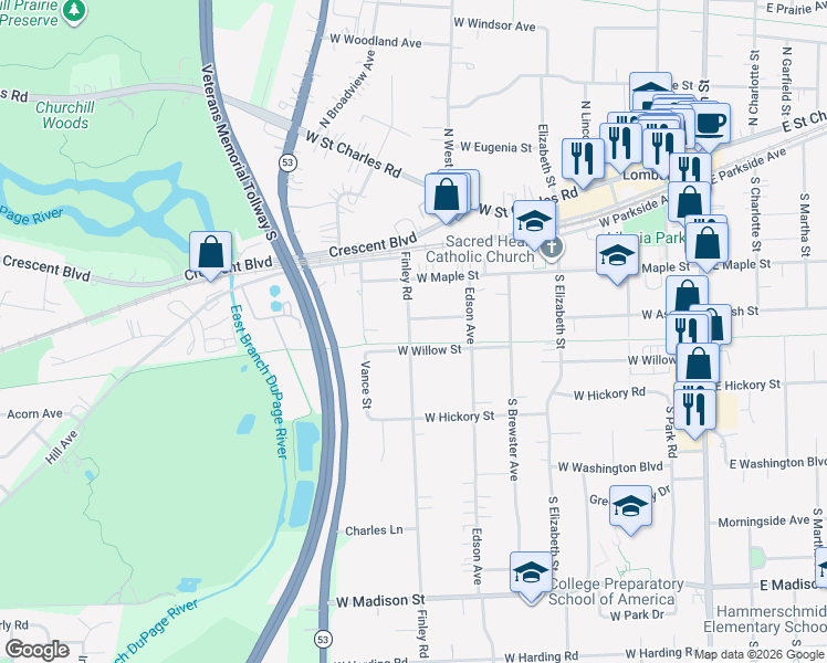 map of restaurants, bars, coffee shops, grocery stores, and more near 433 West Willow Street in Lombard