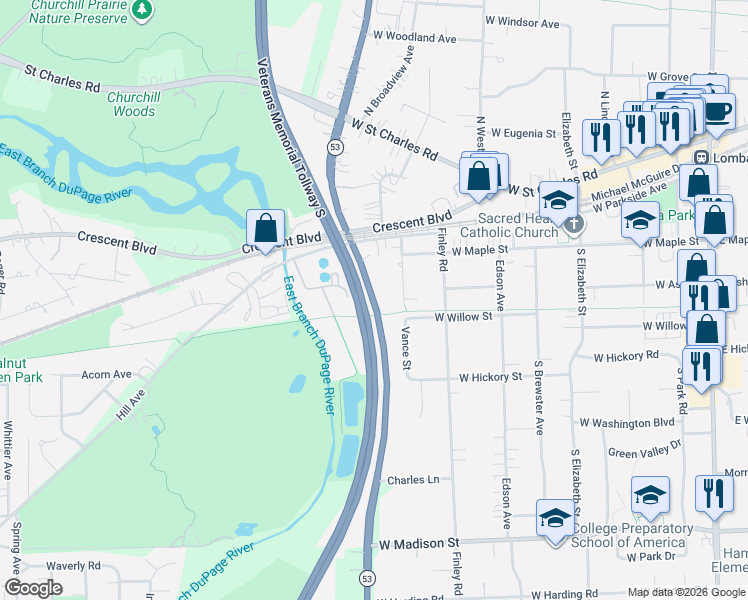 map of restaurants, bars, coffee shops, grocery stores, and more near 238 Vance Street in Lombard