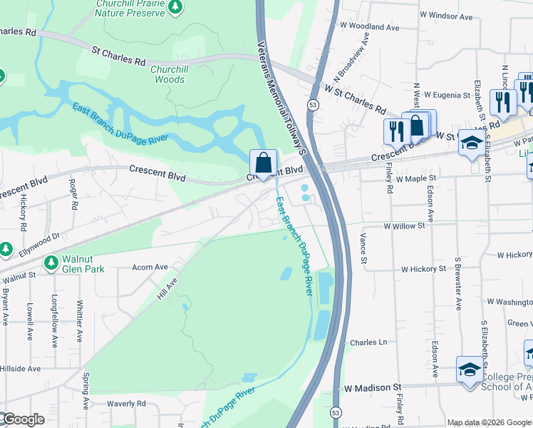 map of restaurants, bars, coffee shops, grocery stores, and more near 21W171 Hill Avenue in Glen Ellyn