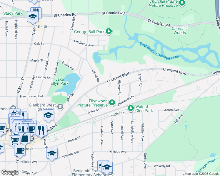 map of restaurants, bars, coffee shops, grocery stores, and more near 800 Edgewood Drive in Glen Ellyn