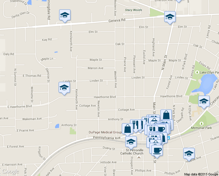 map of restaurants, bars, coffee shops, grocery stores, and more near 368 Hawthorne Boulevard in Glen Ellyn