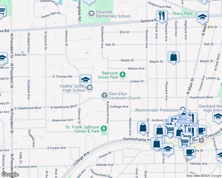 map of restaurants, bars, coffee shops, grocery stores, and more near 308 Hawthorne Boulevard in Glen Ellyn